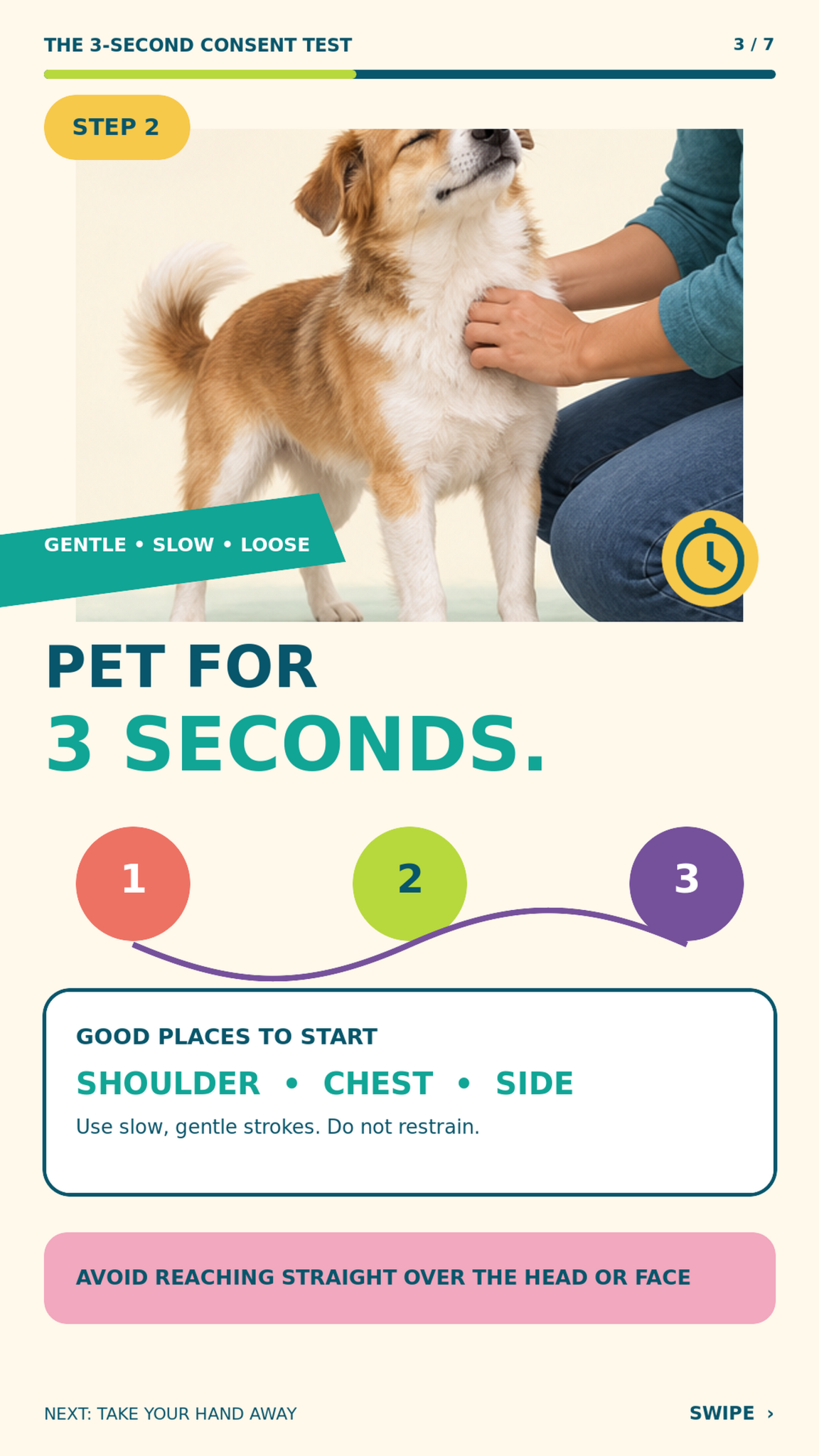 Step 2: Pet for 3 seconds. Start at the shoulder, chest or side.